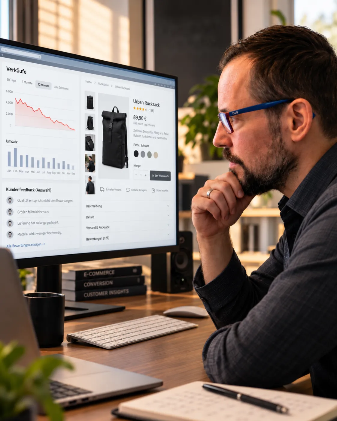 Erik Trinkaus analysiert eine E-Commerce-Produktseite am Bildschirm